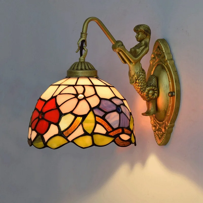 

European style retro Tiffany colored glass living room dining room bedroom bar club corridor red festive wall lamp
