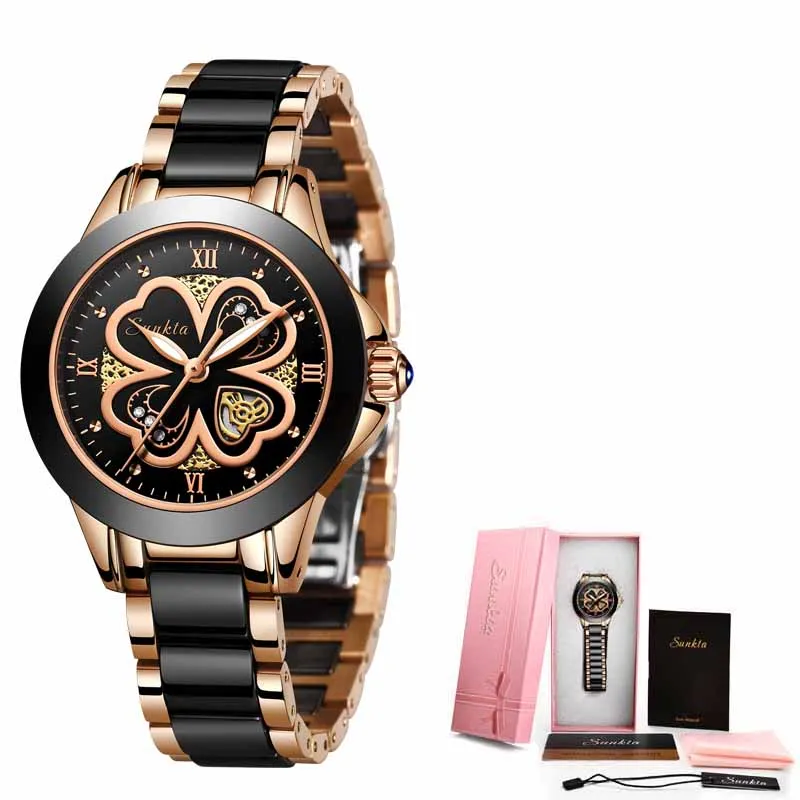 Rose Gold Black SUNKTA керамические часы розовое золото женские часы кварцевые часы женские топ брендовые роскошные женские часы девушка часы Relogio Feminino - Цвет: Rose Gold Black
