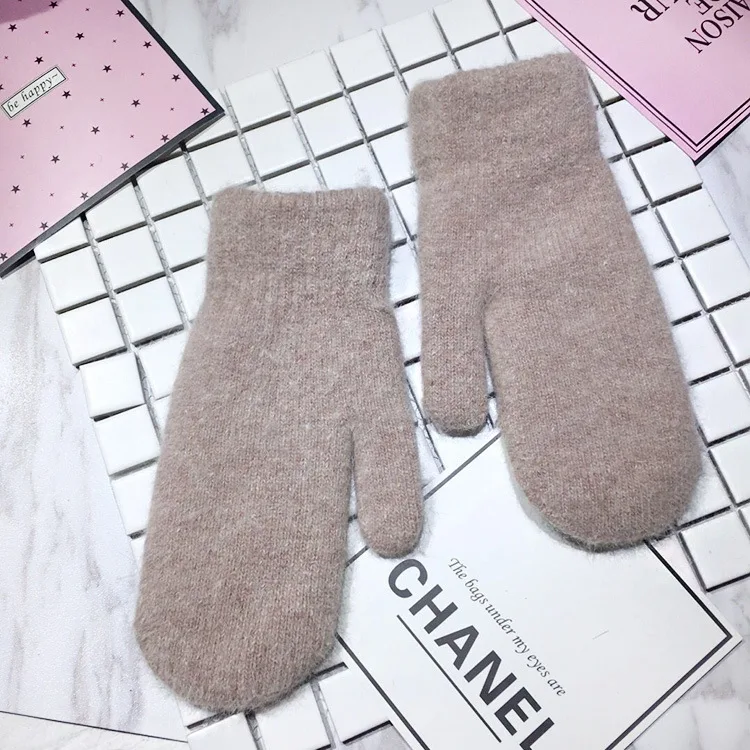 Khaki Двухслойные перчатки из кроличьей шерсти, женские зимние корейские однотонные перчатки на все пальцы, зимние женские перчатки, варежки для девочек - Цвет: Khaki