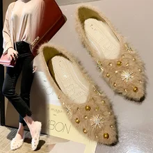 Меховые балетки с острым носком; мокасины; женская обувь на плоской подошве из мягкого меха в Корейском стиле; женские эспадрильи в стиле панк с заклепками и кристаллами; лоферы