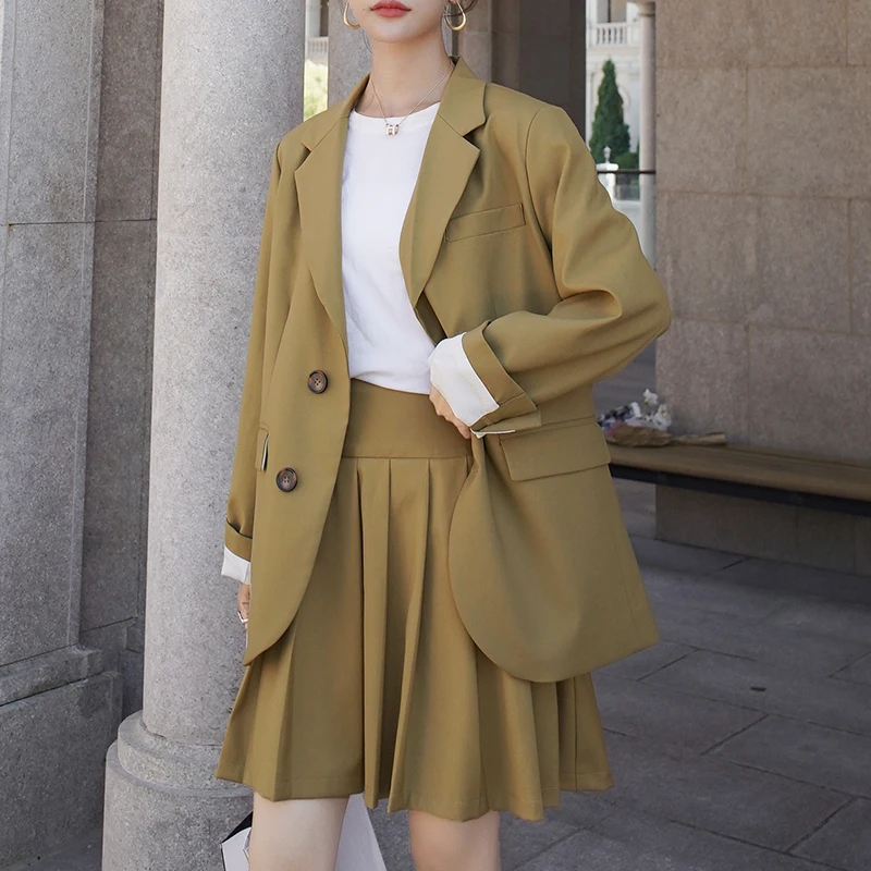 FORYUNSHES 2 Pieces Set Women Business Suits 2020 Autumn Fashion Korean Style Office Ladies Solid Blazer + Pleated Mini Skirt