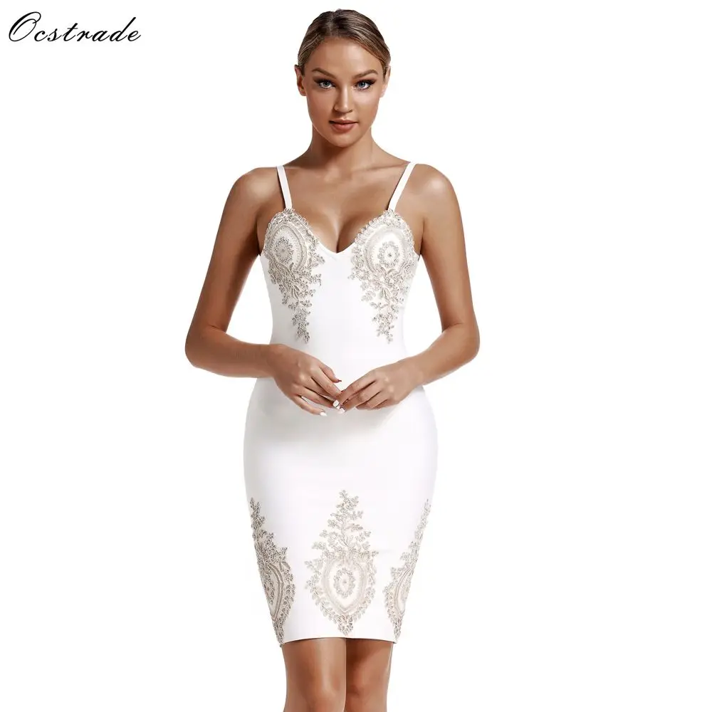 

Sexy Night Club Dress Bandage 2019 Spring Summer New Arrival Embroidered Women White Bandage Dress Bodycon Party Dress