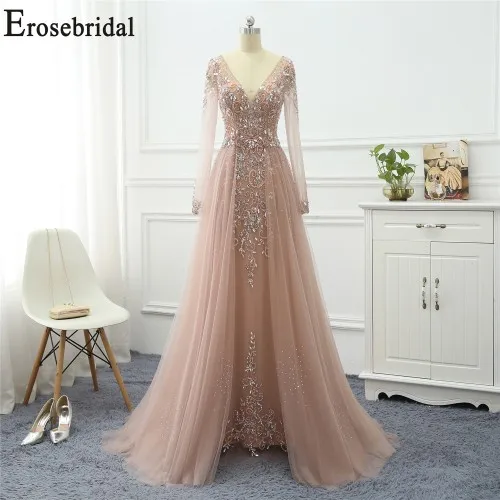 SOYBEAN Long Sleeve Erosebridal, расшитое бисером элегантное вечернее платье, длинное,, с длинным рукавом, Формальные платья, вечерние платья для женщин со шлейфом - Цвет: SOYBEAN Long Sleeve