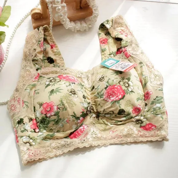 Women's Lace Lightly Padded Flower print Comfort Cotton Wire-Free Plus Size Bra 75 80 85 90 95 100 B C D