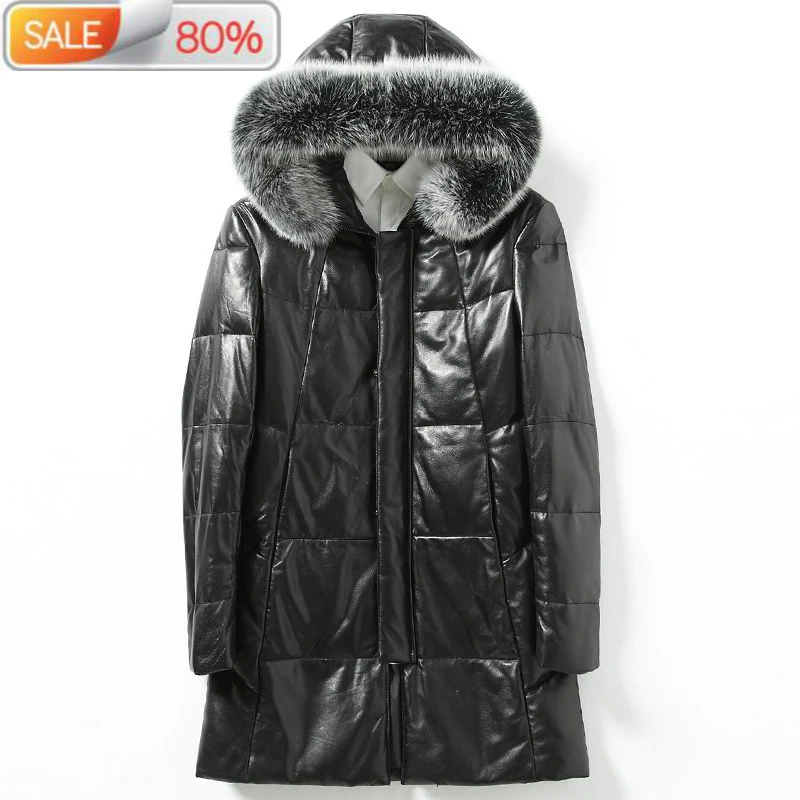 

Men's Sheepskin Genuine Leather Winter Duck Down Fox Fur Collar Hooded Long Coat Men Jacket 726 B2144A
