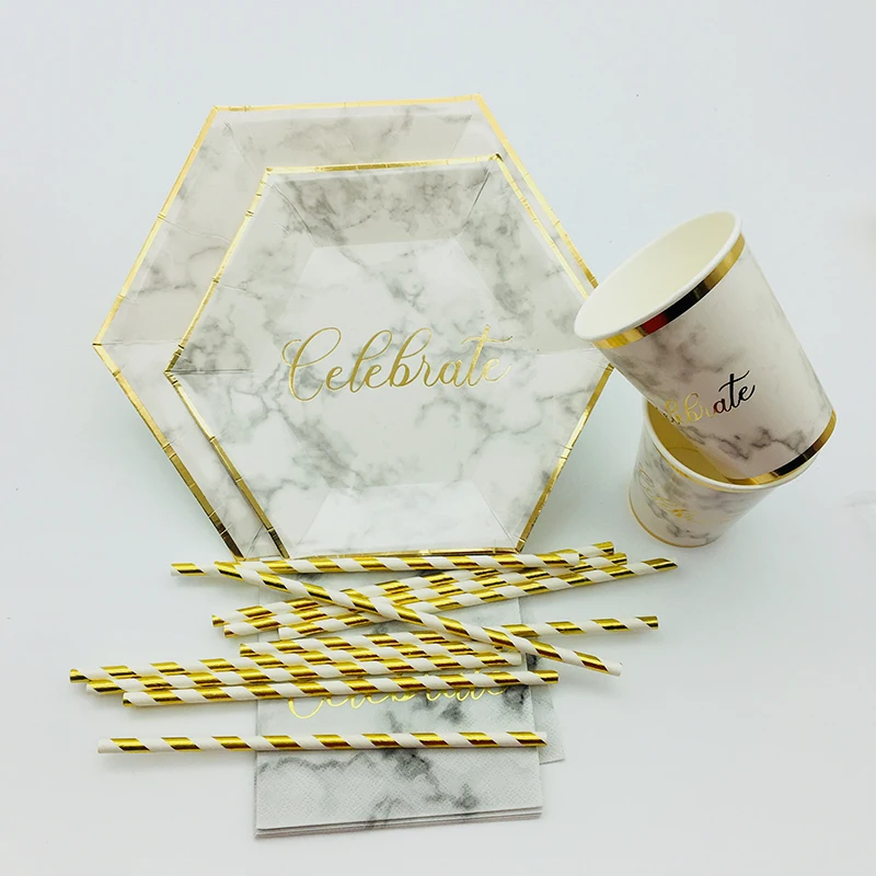 72sets Marble Paper Tableware Foil Gold Plate Cups Napkins Straws For Birthday Wedding Party Supplies Modern Table Setting | Дом и сад