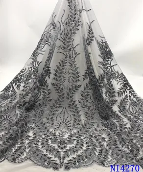 

High Quality African Lace Fabric Grey French Net Embroidery Handmade Sequins Tulle Lace Fabric For Nigerian Party Dress NI4270