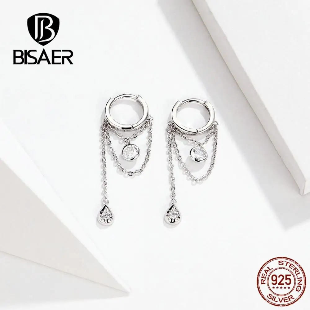 

BISAER 925 Real Sterling Silver Special Design Dazzling CZ Elegant Tassel Drop Earrings For Women Party Wedding Jewelry GXE638