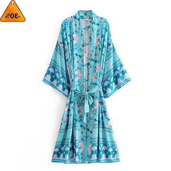 

chic Women Vintage green Floral Print Sashes rayon bohemian happie Kimono Ladies V Neck batwing Sleeves Boho Maxi dress robe