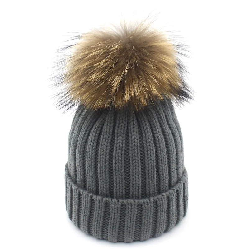 Трикотажные Зимние шапки для женщин, шапка из натурального меха с помпоном, облегающая шапка - Цвет: dark grey