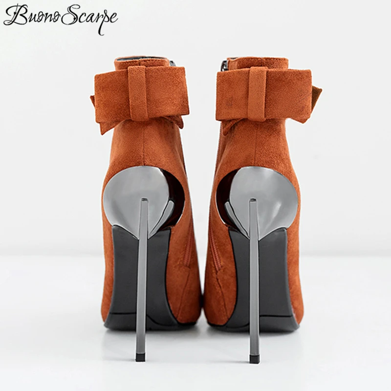 Buono Scarpe/пикантные вечерние ботинки на высоком каблуке Ботильоны из флока с бантом