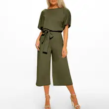 Women Jumpsuit Fashion Solid Color O Neck Lace Up Button Short Sleeve Straight Leg Jumpsuits With Belt Ropa Mujer 2020 New Hot E