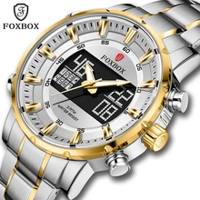 Zegarek męski FOXBOX Top luksusowa marka podwójny wyświetlacz zegarki sportowe dla mężczyzn budzik zegarek kwarcowy Relogio Masculino nowy + Box tanie i dobre opinie 22cm Moda casual QUARTZ Podwójne wyświetlanie 3Bar Składane bezpieczne zapięcie CN (pochodzenie) STAINLESS STEEL