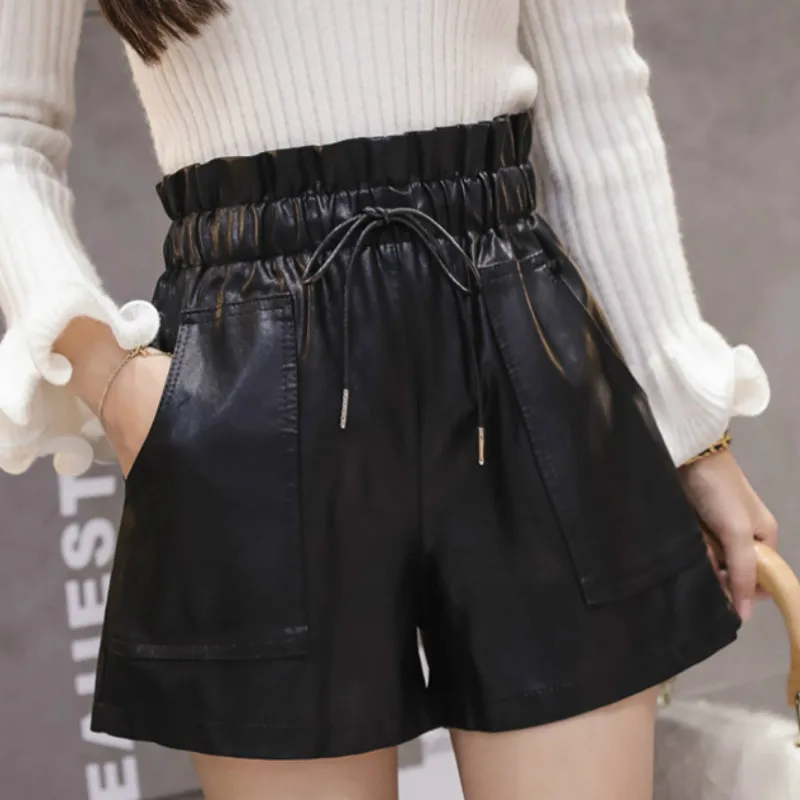 elastic waist leather shorts