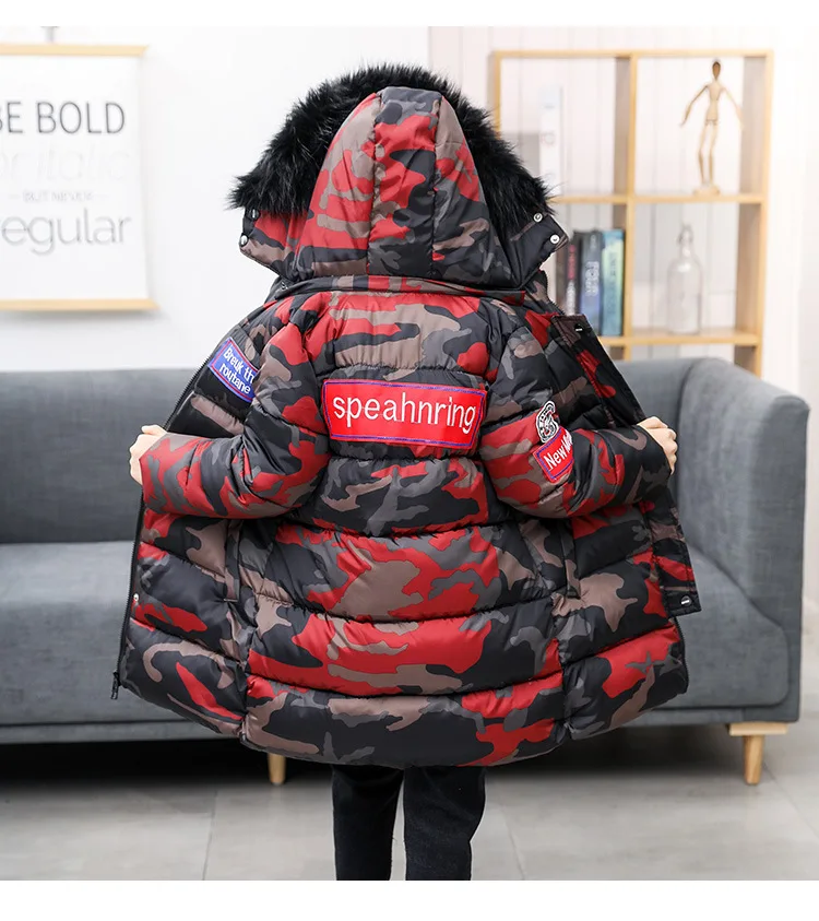 Casual Boy Camouflage Jacket Warm Zipper Coat Top Hooded Outwear Boys Clothes Winter Thicken Windproof Teenager 4-15 Years