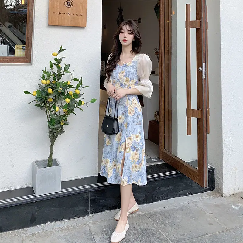 Dresses Women Spliced Romantic Printed Korean Style Elegant Empire Side-slit Feminine Trendy Vestdios Sweet Female Puff Sleeve zara dresses