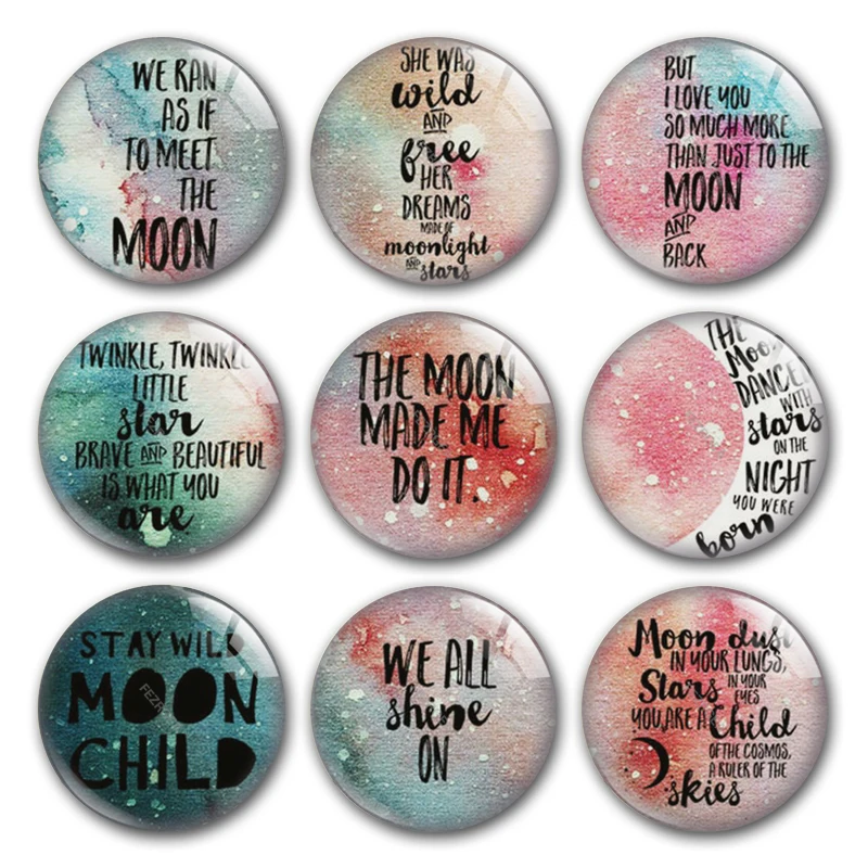 Starry Sky Moon Good Night Pink Word And Letter Round Photo Glass Cabochon Demo Flat Back Making Risultati
