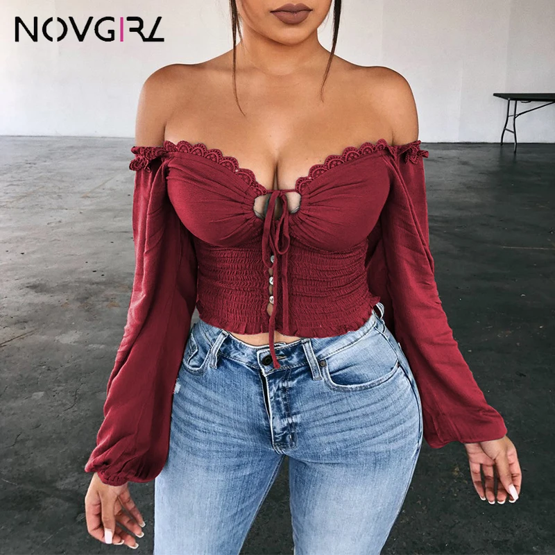 Novgirl, сексуальные женские футболки на шнуровке с открытыми плечами, осень, v-образный вырез, длинный рукав-фонарик, кружевные топы, Повседневная Уличная футболка