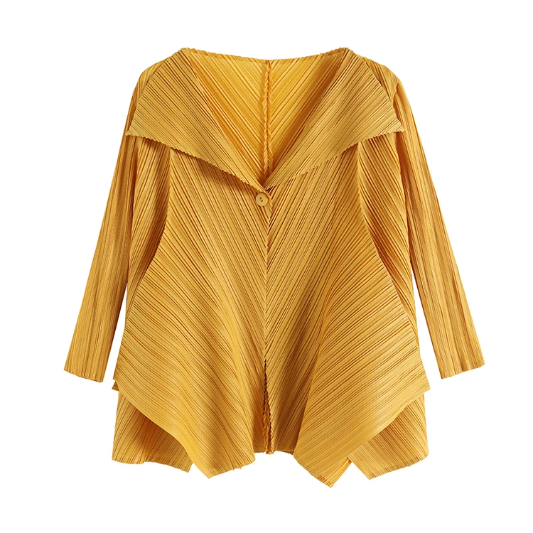 yellow Changpleat, весенние новые женские Базовые Куртки, Пальто Miyak, плиссированные, модные, одноцветные, на одной пуговице, свободные, большие размеры, неровные женские пальто - Цвет: yellow