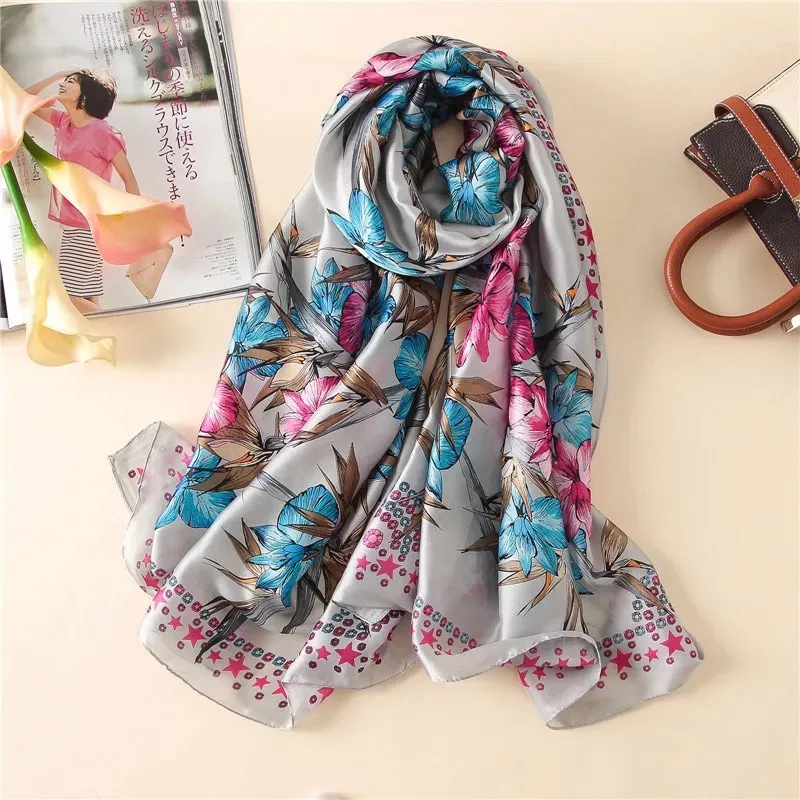 fashion women silk scarves female chiffon wrap ladies classic floral shawl Sunscreen Beach Scarf foulard pareo muffler bandanna - Цвет: 06