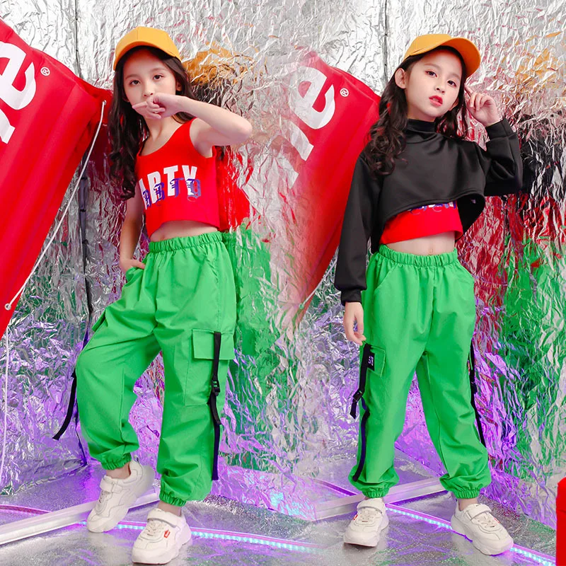 

Europe And America Girls Jazz Performance Wear Children Hip Hop Loose-Fit Navel Trousers Hip Hop Set GIRL'S Exercise Clothing