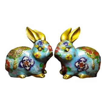 

LaoJunLu A Pair Of Pure Copper Cloisonne Hand-Made Cloisonné Enamel Lucky Rabbit Ornaments Imitation antique bronze