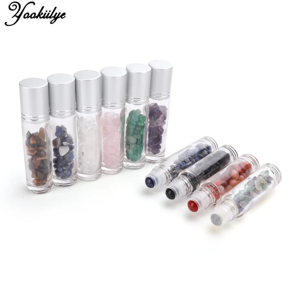

10ml Portable Gemstone Essential Oil Roller Ball Bottles Crystal Chips Stone Bottle Refillable Roll-On Roller Storage Bottles