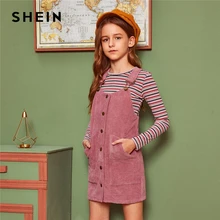 SHEIN Kiddie/розовое однотонное однобортное платье-сарафан для девочек; коллекция года; сезон осень; короткие платья без рукавов с карманами спереди