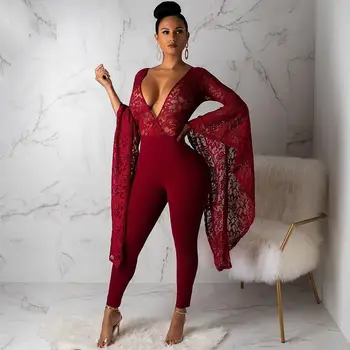 

Big Flare Sleeve See Through Sheer Lace Jumpsuit Women Sexy Deep V Neck Romper Night Club Overalls