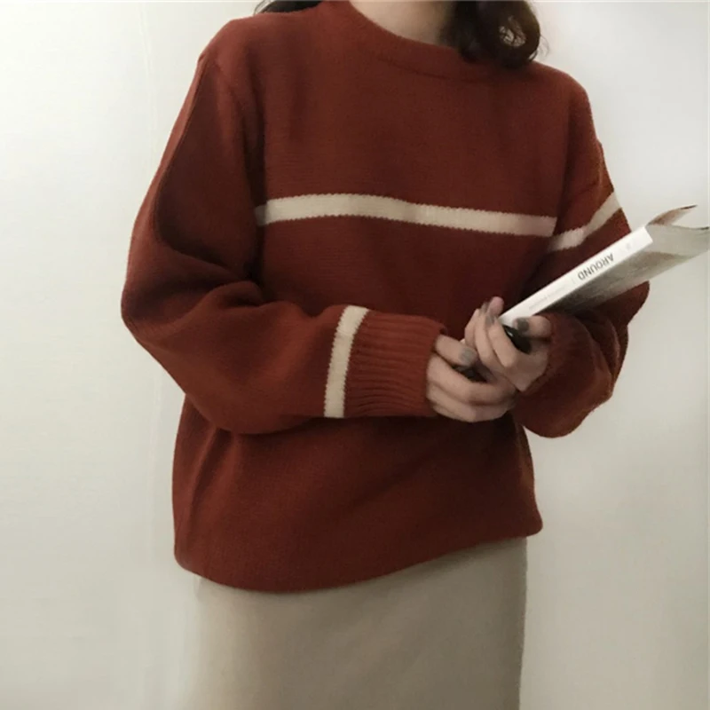 Женский свитер оверсайз в полоску трикотажный пуловер с длинным рукавом и