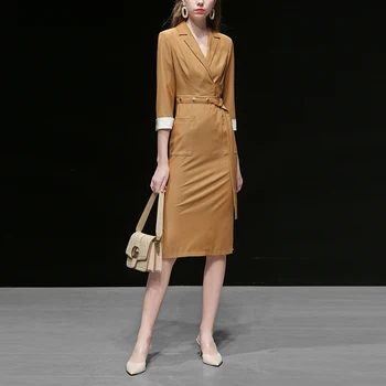 

Three Quarter Notched Ginger Yellow Dress Women 2019 Autumn Elegant and Vantage Dress Knee Length Dress Female High Stress