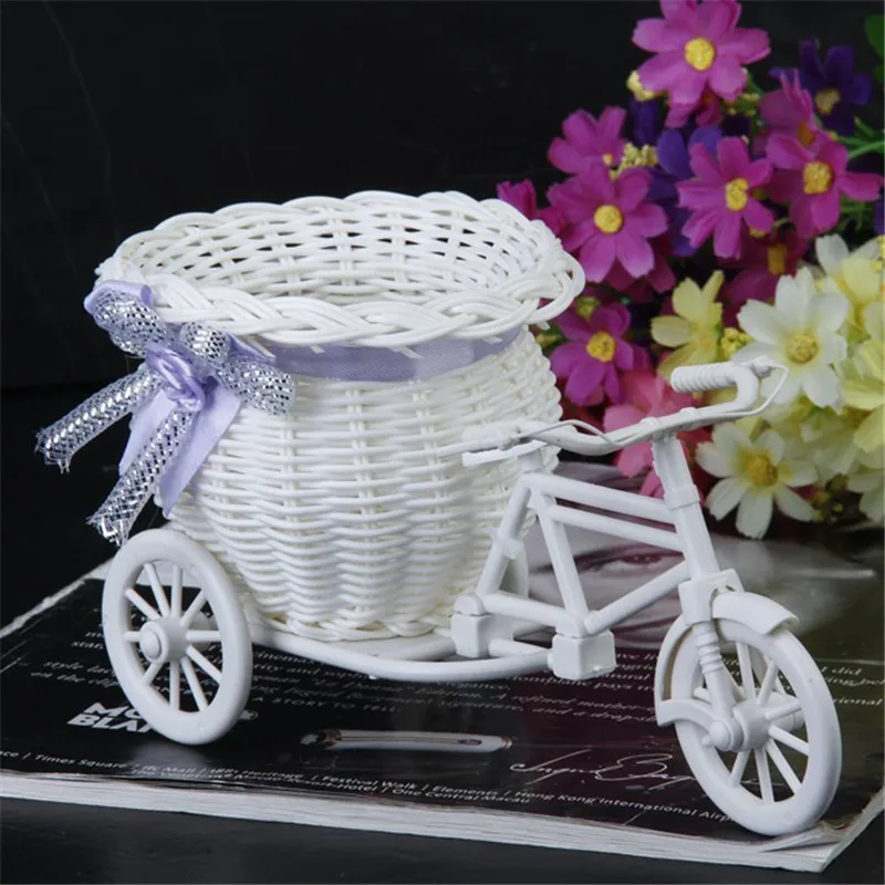New Bicycle Decorative Flower Basket Newest Plastic White Tricycle Bike Design Flower Basket Storage Party Decoration Pots