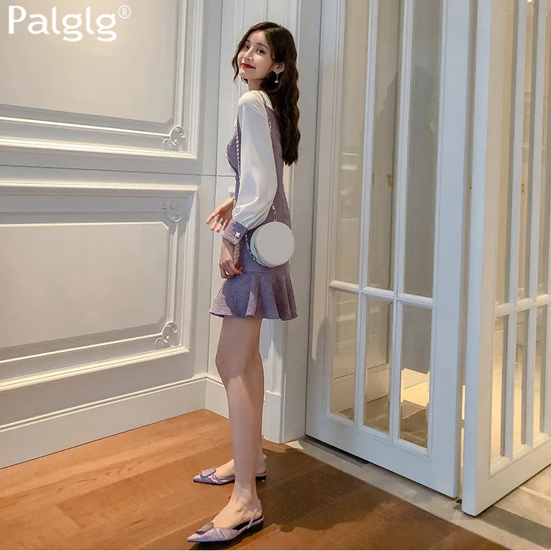 

Purple Dress 2019 Autumn New Style French WOMEN'S Dress Korean-style Elegant Waist Hugging Slimming Joint Long Sleeve Skirt Chil
