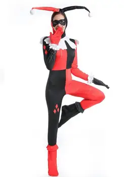 

Quinn Cosplay Costume Women Adult Sexy Superhero Clown Spandex Full Bodysuit Halloween Party Costumes For Women Mask