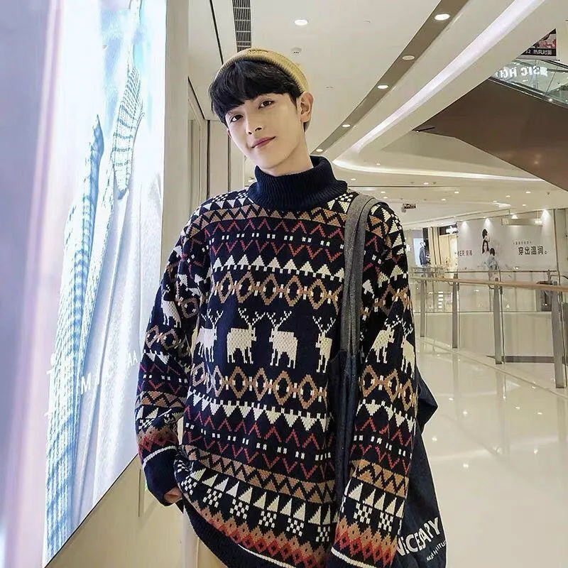 

Christmas deer fashion men's sweater knitted fabric monochrome stripe sweater men's semicircular neck retro sweater