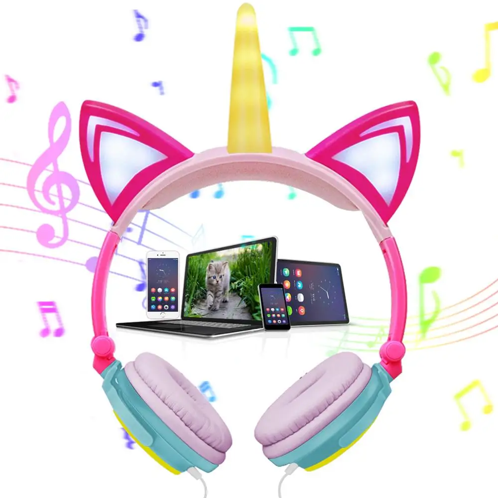 Cute Kids Headphone Led Light Unicorn Wired Headphones Girl Gamer PC Earphone Foldable Music Gaming Overear Headset Auriculares