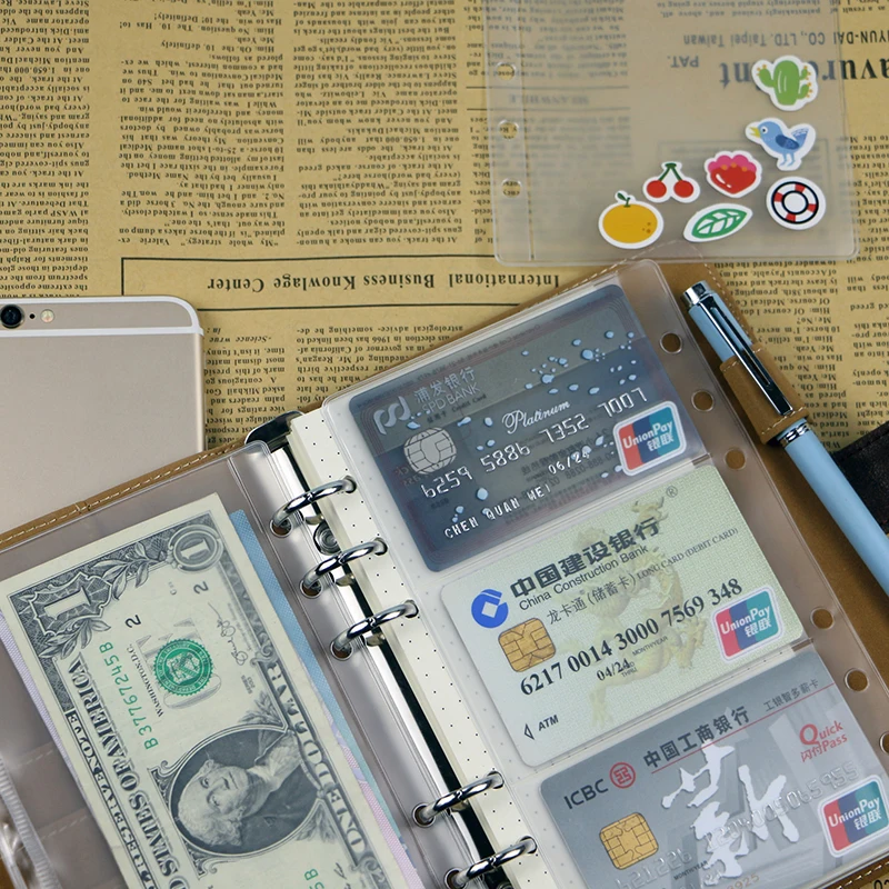 A6 ПВХ 6 отверстий делители для блокнотов сумка для карт банкноты сумки Корея свободный лист Пластик бизнес для хранения карт, держатель Органайзер папки