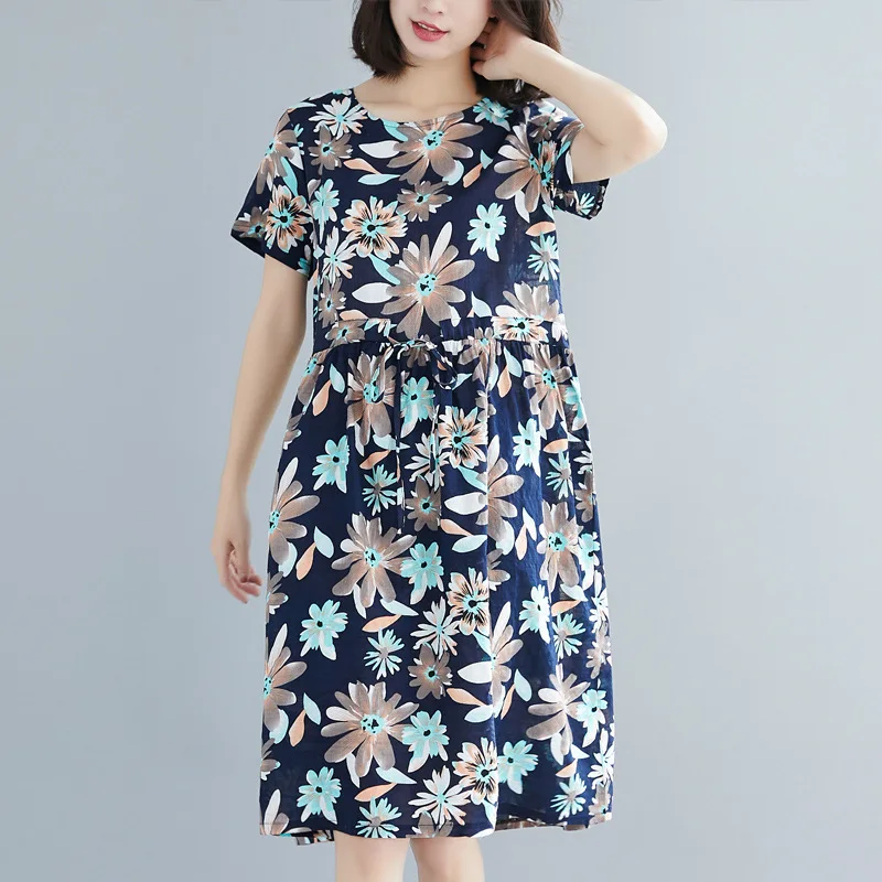

2019 Summer New Style Cotton Linen Printed Literature And Art Loose Short Sleeve Waist Hugging Medium-length Dress
