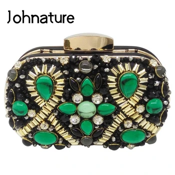 

Johnature European Style Evening Bags Fashion Clutch Bag Green Diamond Beading Party Women Hand Bag Lady Small Banquet Bag