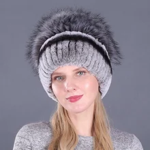  Women's Rex Rabbit Fur Hats Winter Rex Rabbit Fur Striped Head Top Flower Faux Fox Fur Warm Fur Knit Caps 