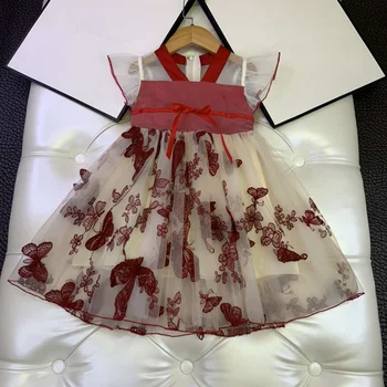

European and American children's outfit 2020 spring and summer new fund Butterfly embroidery with short sleeves Baby girl dress