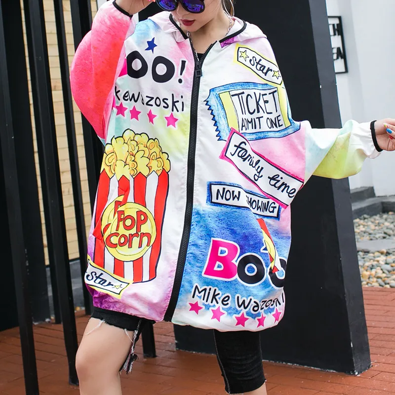 

MUMUZI 2019 new female brand shirt graffiti hit color loose large size top long hooded Harajuku coats print jackets