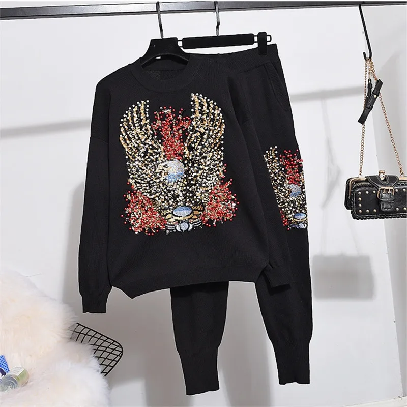 

Autumn New Fashion Knitted Set Female Beading O-Neck Long sleeve Sweater Knitting Long Pencil Pants 2pcs Loose Ladies Tracksuits