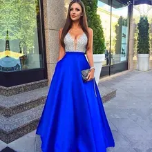 BBQ035 сексуальное V образным вырезом полностью вышитое бисером атласное вечернее платье халат de soiree vestidos de festa A Line женское выпускное платье Королевский синий