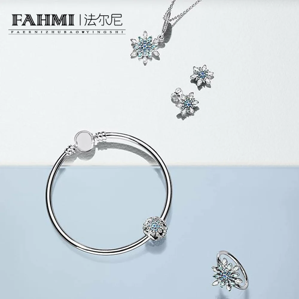 

FAHMI 100% 925 Sterling Silver 1:1 Winter Crystallised Snowflake Beaded Pendant Bangle Ring Stud Earrings Necklace Set