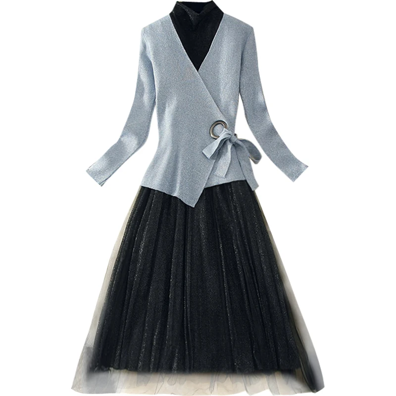 ALPHALMODA модный костюм платье осеннее платье тонкий свитер с длинными рукавами+ Сетчатое платье Элегантный комплект из 2 предметов