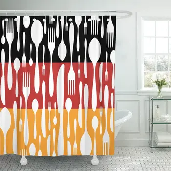 

German Cuisine Cutlery Silhouettes Spoon Knife and Fork Pattern Shower Curtain Waterproof Polyester Fabric 72 x 78 Inches Set