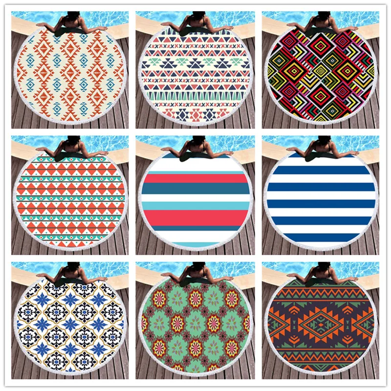 

Bath Beach Towel Large Round Swim Ethnic Aztec Geometric Diamonds Zigzags Striped Pattern Fringed Pray Blanket 150cm Home Decor