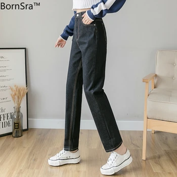 

BornSra 2020 Spring Woman Straight Black Denim Velvet Pants Autumn Boyfriend Jeans for Women Mom Jeans Casual High Waist Jeans