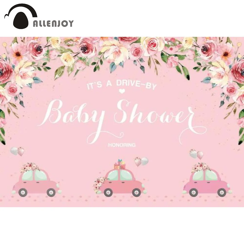 

Allenjoy Baby Shower Background Pink Girl 1 Year Flowers Cars Balloons Birthday Party Decoration Backdrop Photo Zone Photocall